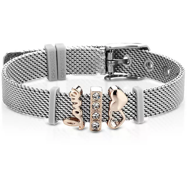 Bracciale Donna OPS OBJECTS Maglia Milano Acciaio Charms LOVE Cuore Oro Rosa