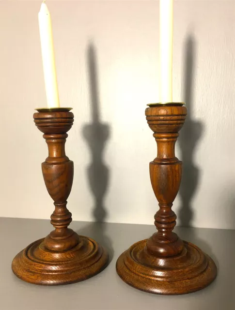 A Good Pair Of Hand Crafted Golden Oak Candlesticks/Candleholders C.1920