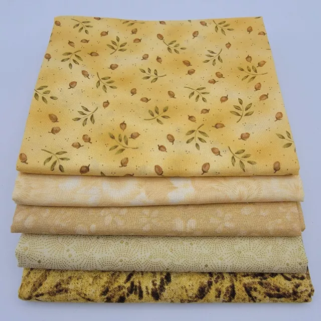 Cotton Fabric Fat Quarter Bundle Lot Of 5 Yellow Honey Tan Green 18 X 22  READ