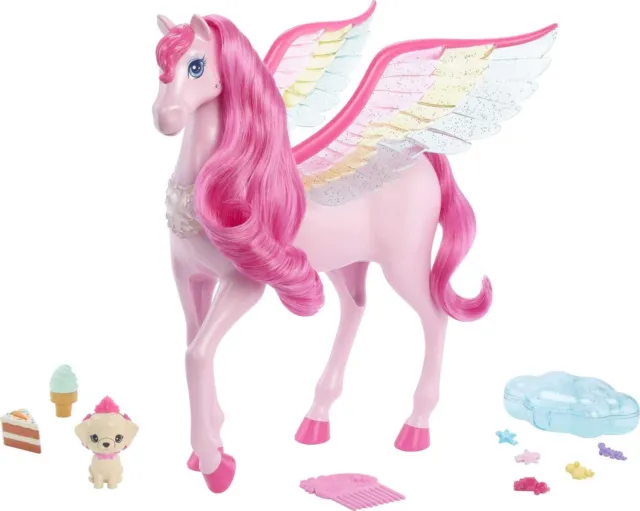 Pink Barbie Pegasus with 10 Accessories Including Puppy, Winged Horse Toys, Barb