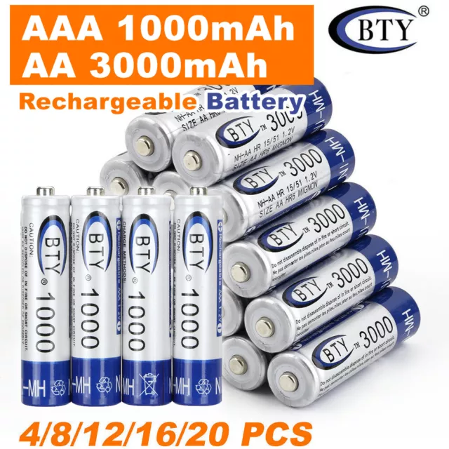4-20x Rechargeable Battery NI-MH 1.2V 3000mAh AA/1000mAh AAA Recharge Batteries
