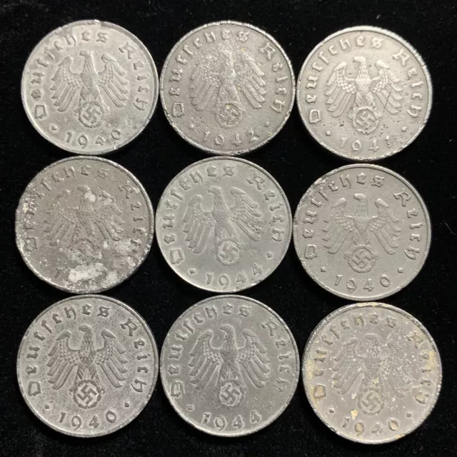 9 Coin Cull Lot Third Reich WW2 German 10 Reichspfennig Zinc Coins