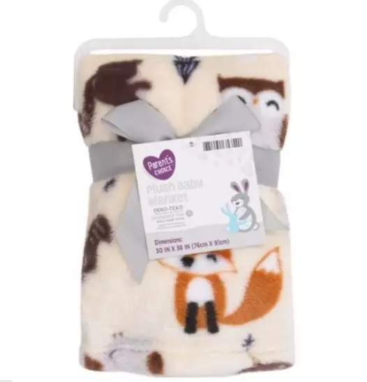 NWT Parents Choice Beige Woodland Animals Fox Squirrel Owl Plush Baby Blanket