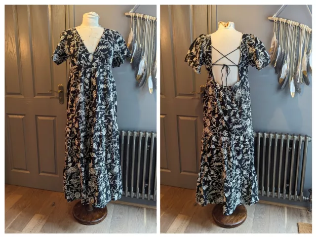 ZARA Black Cotton Midi Maxi Summer Dress Ecru Floral Embroidery, XL, Worn Once