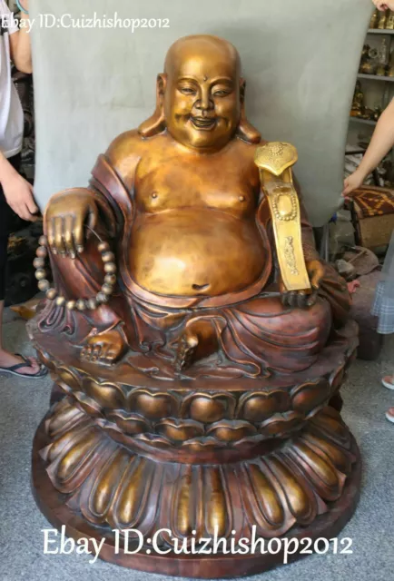 49" Pure Bronze Gilt Happy Laugh Maitreya Buddha beads Ruyi Wishful Lotus Statue