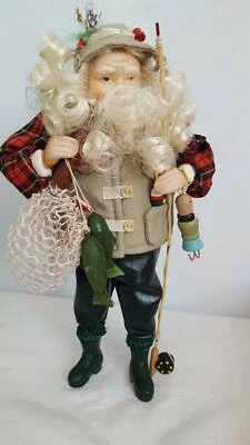 Detailed 10" Porcelain Fishing Santa Claus Doll Ornament, Pole, Bobers, Hooks,
