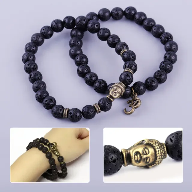 2pcs Men Lava Rock Stone Buddha Beaded Bracelet Lucky Yoga Energy Wrist Mala 8mm