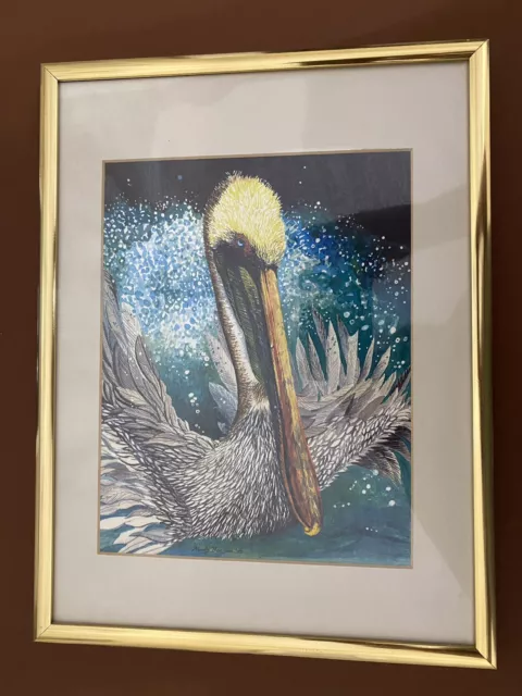 framed art by Wendy Beeson Pelican Gold Tone Frame 12.5”x9.5”