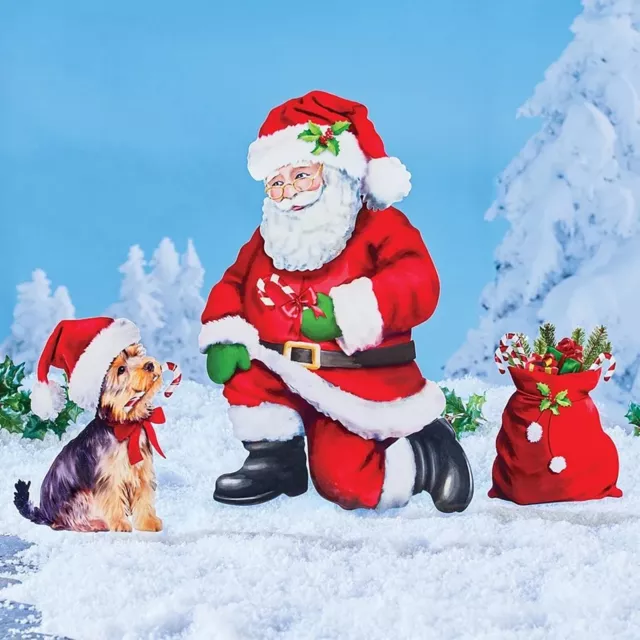 3PC Santa Claus w/ Dog Puppy Gift Bag Christmas Stake Outdoor Holiday Yard Decor