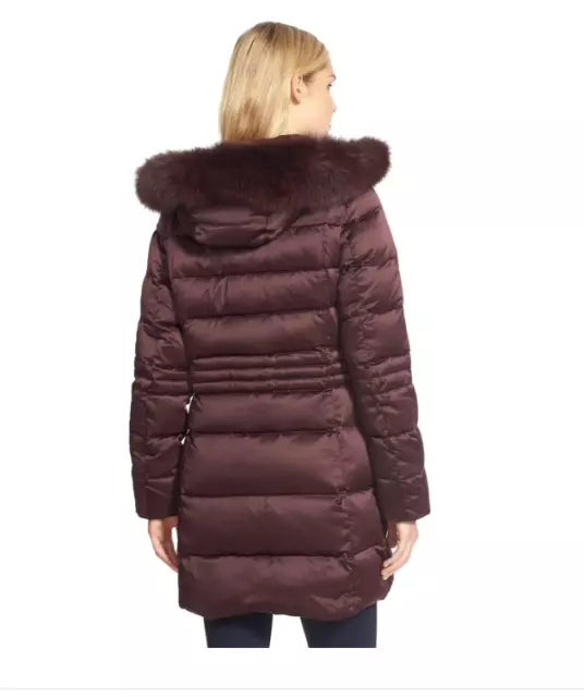 NEW SACHI Down Coat with Genuine Fox Fur Trim in Burgundy - Size XS #C1353 2