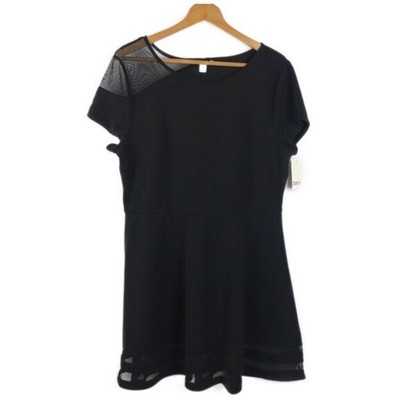 Bar III Womens Black Sheer Shoulder Fit & Flare Dress Short Sleeve sz XL New