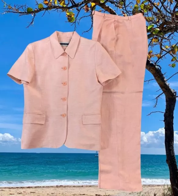 Amanda Smith Women's Suit 8 Short Sleeve Shirt Linen Classic Pants Pink 2 Pieces