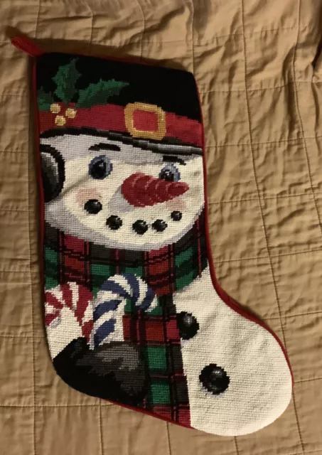 Needlepoint by Hand Wool Christmas Stocking Snowman w/ Red Felt Backing 11x18