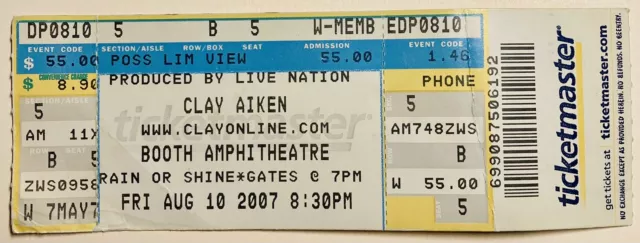 Clay Aiken Used Concert Ticket Stub 2007 Booth Amphitheater Cary NC