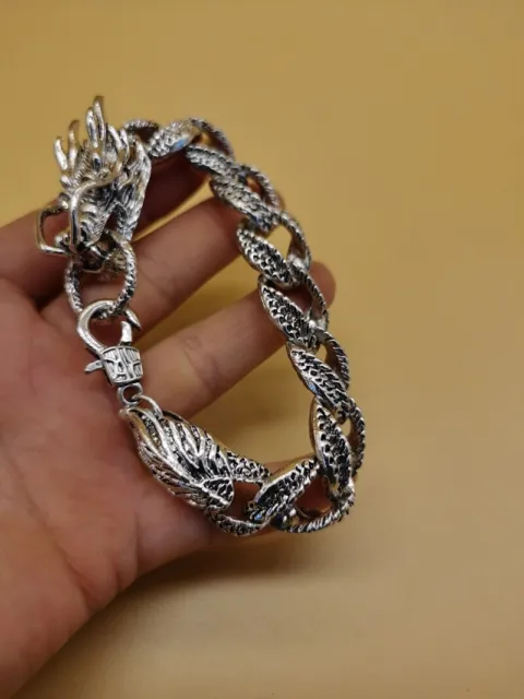Exquisite Old Chinese tibet silver handcarving dragon Bracelet