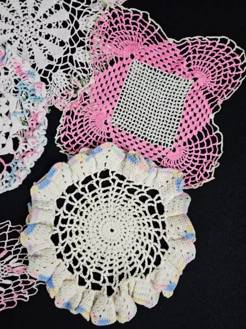 6 VINTAGE DRESSER Scarves Doilies Handmade Crocheted Pink White Blue ...
