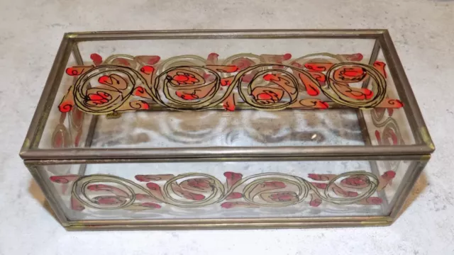 Ancienne Boite Bijoux En Verre Peint Decor De Fleurs Art Nouveau Armature Laiton