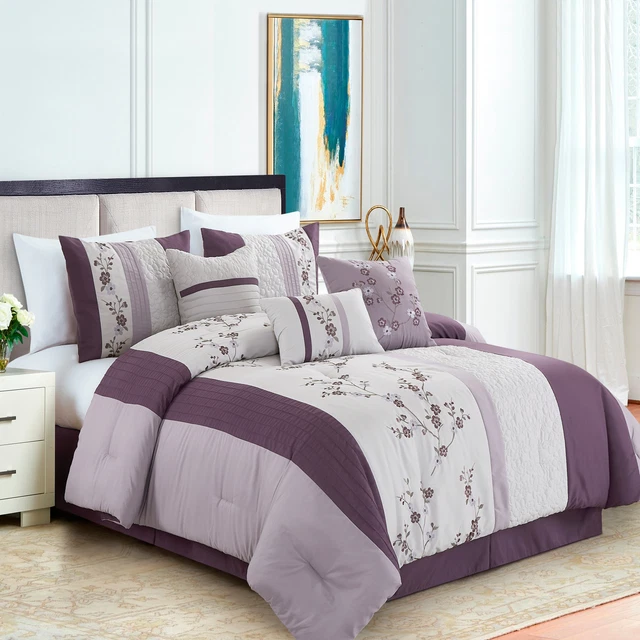 7-Piece Purple Pleated Stripe Embroidered Floral Cherry Blossom Comforter Set