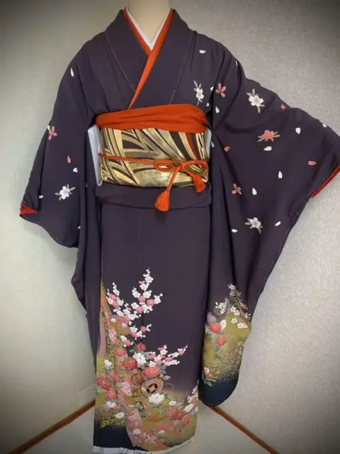 Japanese kimono Tall size Saga Nishiki obi set long sleeves Silk FURISODE #6