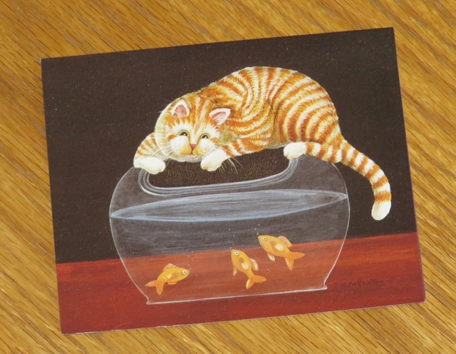 D. Masters Kriebel  Art ... Fish Bowl Cat ... Vintage Lang 4 x 5 Note Card 3ct