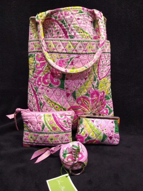 Vera Bradley Pinwheel Pink 4 pc Change Coin Makeup Bag Keychain Tote Pretty Pink
