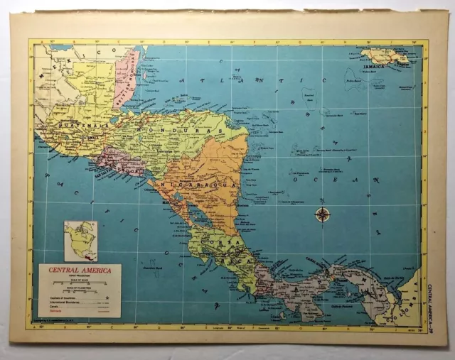 1950's Vintage CENTRAL AMERICA Antique Atlas Map - Hammond's New World Atlas