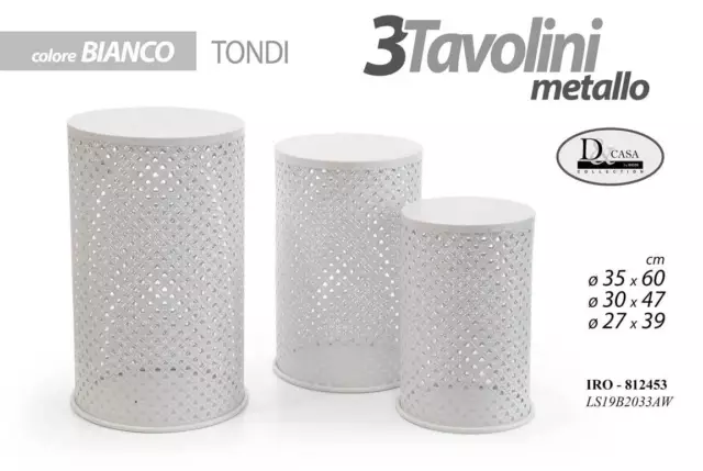 Set 3 Tavoli Tris Tavolini In Metallo Bianco Tondi Salotto Giardino Iro-812453