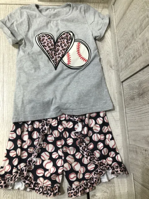 Boutique Baseball Leopard Print Shorts Shirt Heart Leopard Outfit Size 8 Girls