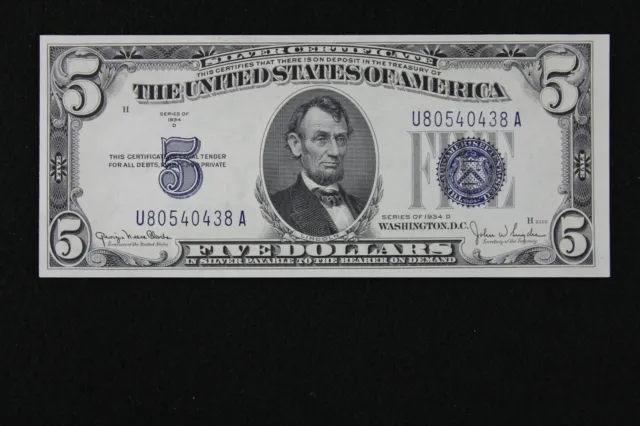$5 1934D CU Wide 2 Blue Seal Silver Certificate U80540438A Series D, bp 2082 WII