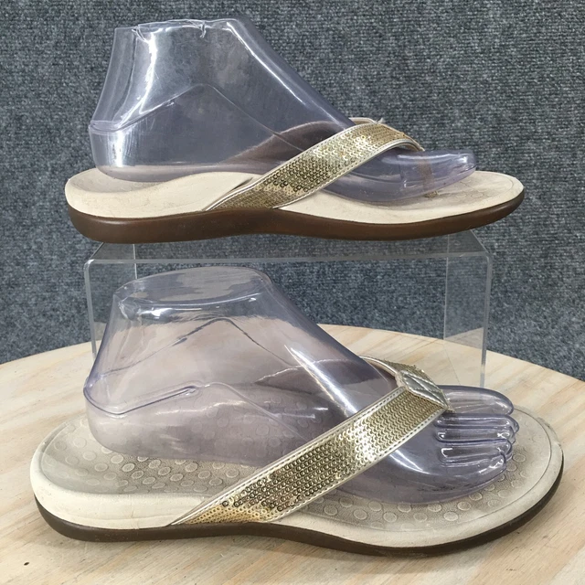 Vionic Sandals Womens 8 Sequin Thong Flip Flops Beige Faux Leather Slip On Flats