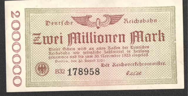 RVM- 2c), Reichsbahn - Berlin; 2 Mio. Mark vom 20. August 1923; Serie „B"