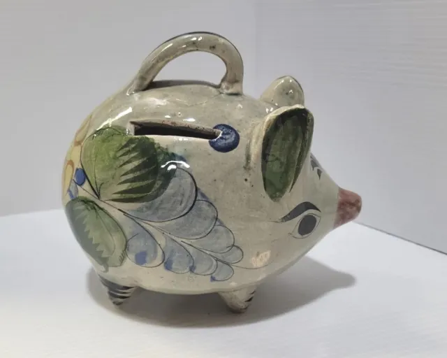 Vintage Mexican Pottery Ceramic Pig Piggy Coin  Bank Hand Painted  Florals