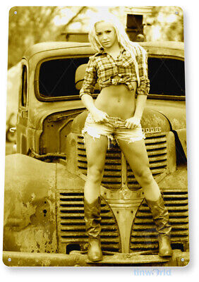 TIN SIGN Front Grill Pin-Up Girl Hot Rod Cowgirl Metal Décor B999