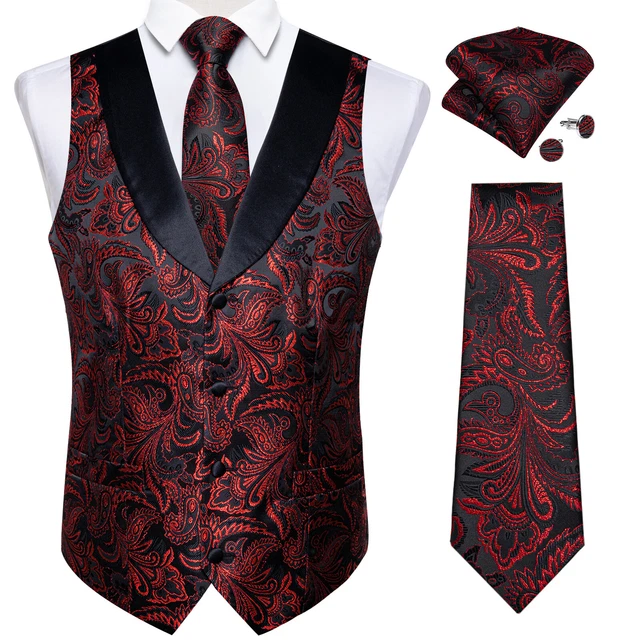 Mens Wedding Waistcoat Floral Paisley Red Suit Vest Slim Tuxedo Silk Tie Set