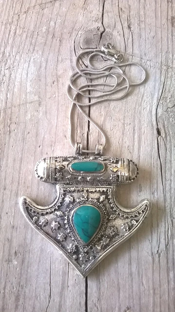 Collier Pendentif Kuchi Afghan Tribal - Turquoise Et Argent Allemand - Boho Ethnique