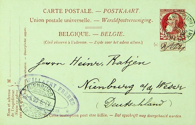 Belgique 1905 King Leopold II 10c Upu Postal Carte De Anvers Nienberg Allemagne