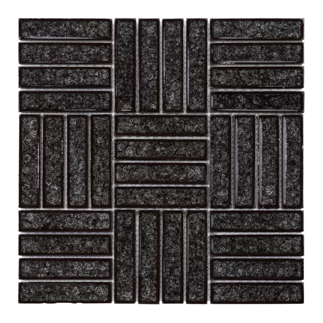 Black Crackle Glass Basketweave Parquet Mosaic Tile Kitchen Bath Wall Backsplash