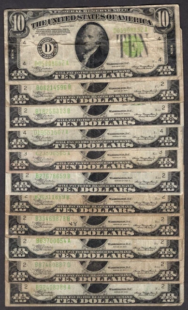 Lot of 11 1934 $10 Ten Dollar Bills "Gold on Demand" Lime Green Seal S496