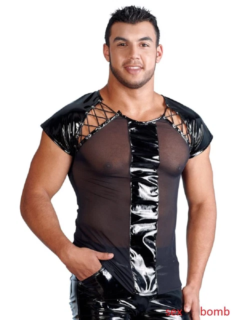 Sexy Uomo Intimo T-Shirt Nera Vinile Lace Up taglie S L XL 2XL fashion GLAMOUR !