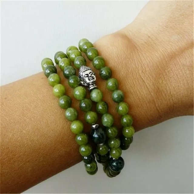 Bracelet 6 mm herbe vert jade 108 perles argent tête de Bouddha mala prière Reiki 3