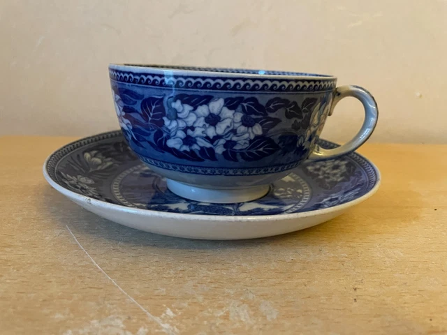 Antique Wedgwood  Fallow Deer Blue and White large Tea Cup & Saucer