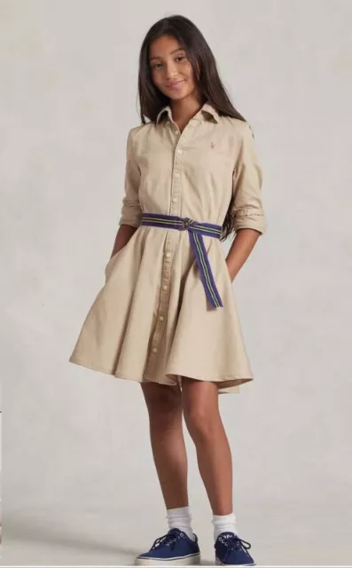 New Polo Ralph Lauren Girl's Belted Chino Cotton Shirt Dress - Khaki - Size 12