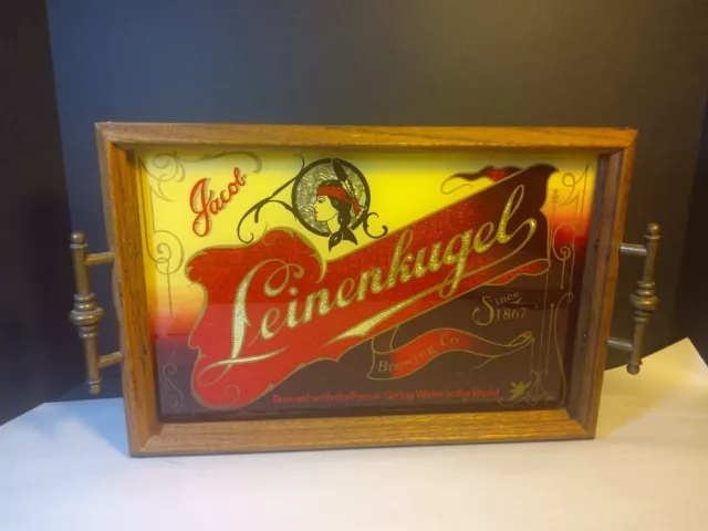 VINTAGE JACOB LEINENKUGELS Glass BEER TRAY, Wood & Glass, 15"x10"