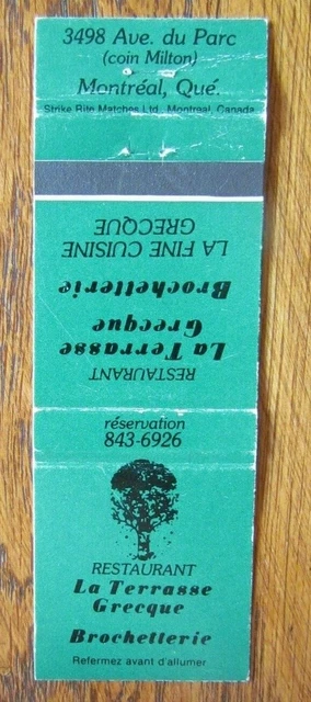 Greek Restaurant Matchbook Matchcover: Terrasse Grecque (Montreal, Quebec) -E8