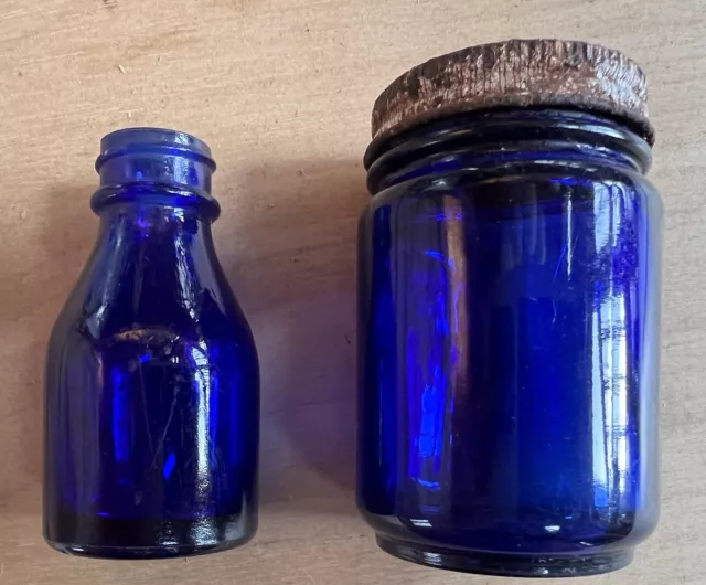 2 Vicks VapoRub Cobalt Blue Glass Jars.  3" With Lid, 2 1/4 n lid