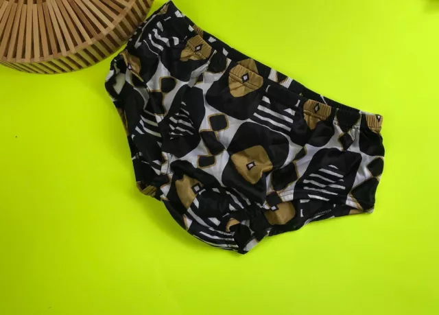 70s Vintage Black & Gold Psychedelic Pattern Avion Swimming Trunks - Deadstock