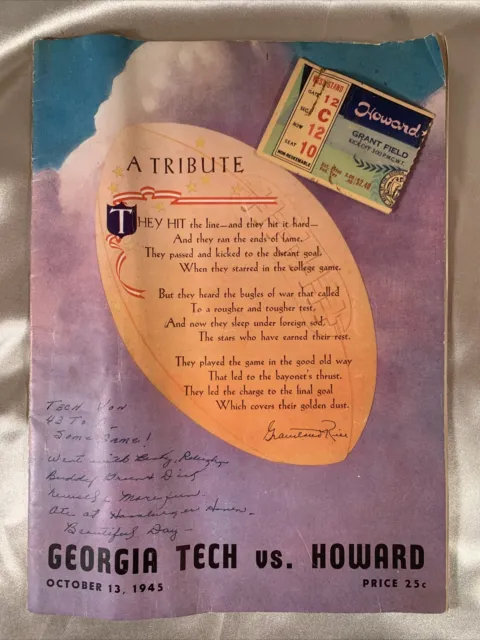 Georgia Tech vs Howard Oct 1945 college football program + Ticket Stub