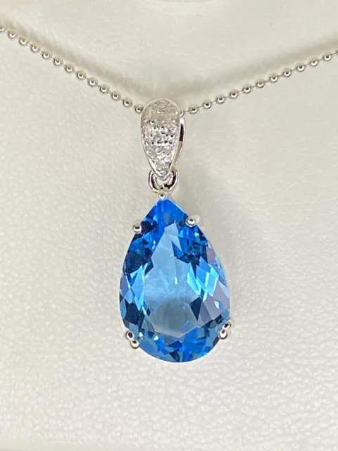 Large 6.25ct Genuine Swiss Blue Topaz & Diamond 925 Sterling Silver Necklace NWT
