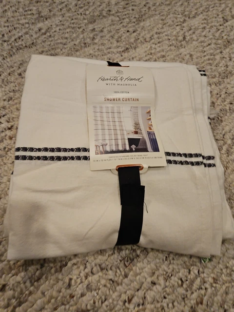 Hearth & Hand All Over Stitch Dark Gray Cream Fringe Shower Curtain small marks