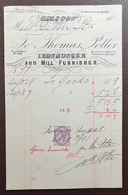 1891 Thomas Potter, Ironmonger, Cumberland Street, Calton, Glasgow Invoice